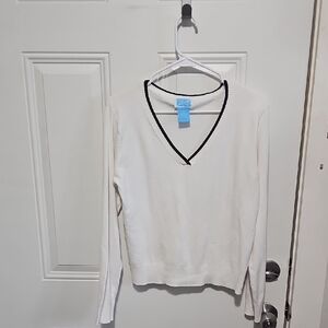 Women's White V-Neck Sweater with Black Trim